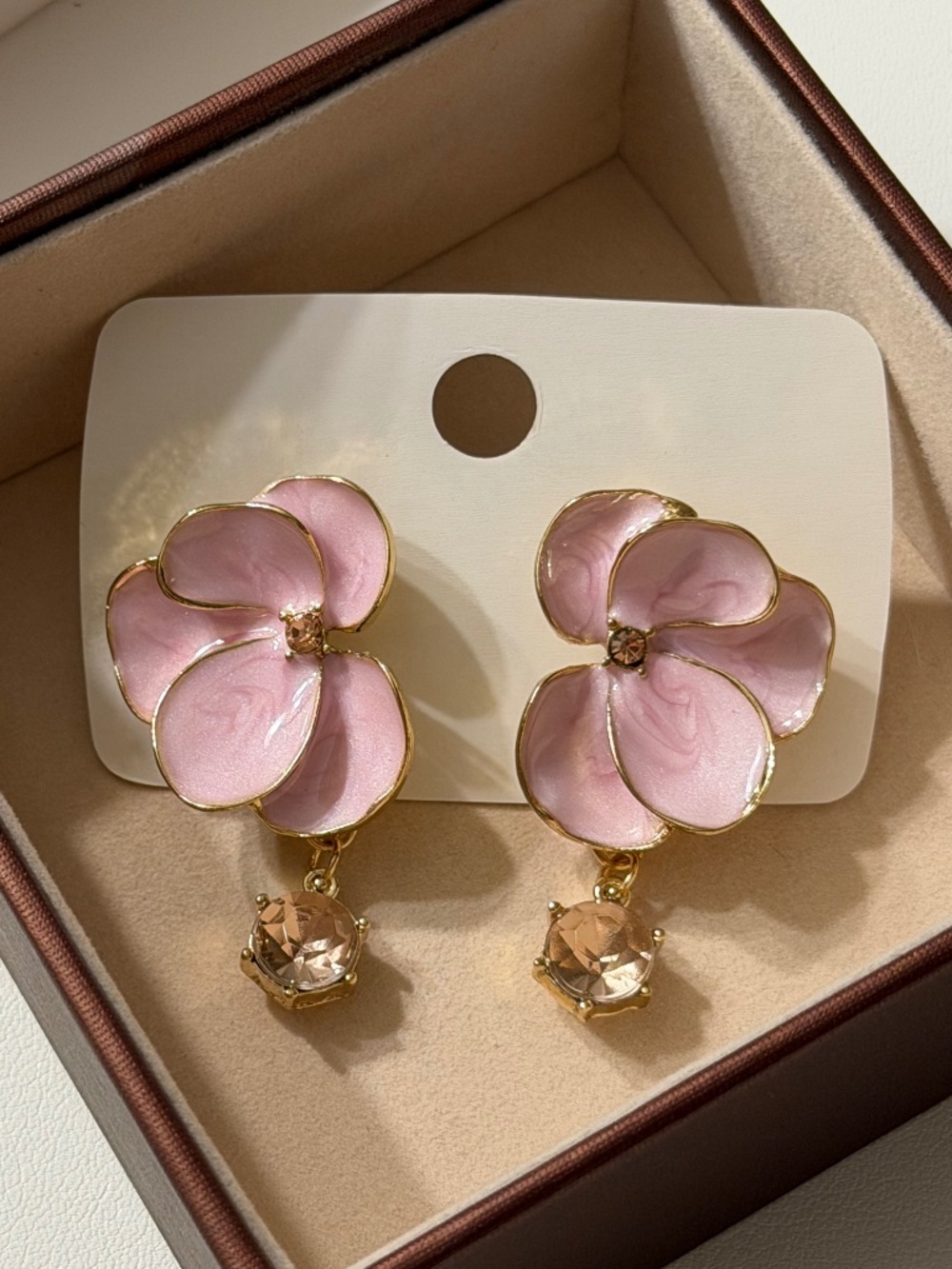 Golden Rose Pink Gold-Rimmed Enamel Camellia Stud Earrings, Champagne Crystal